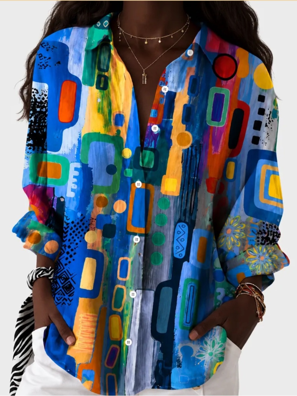 Abstract Multi-Color Button-Up Blouse - Women Tops